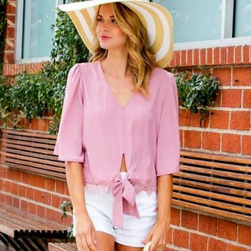 V-Neck Wide Top with Lace Trim and Bow Tie Detail